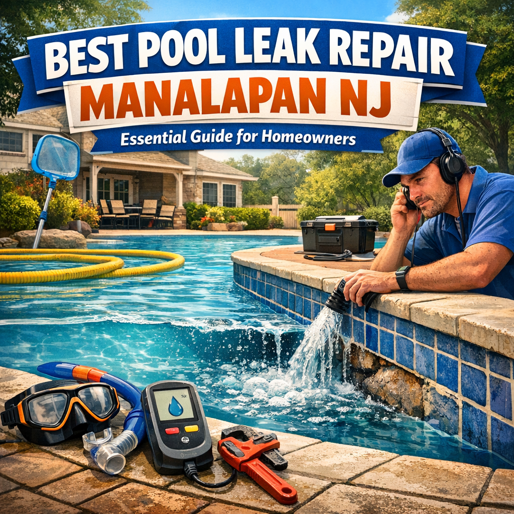 Illustration of pool leak repair tools and a pool in Manalapan, NJ with homeowner repair guide.