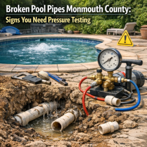 Pressure testing device connected to pool pipes to detect leaks in Monmouth County.