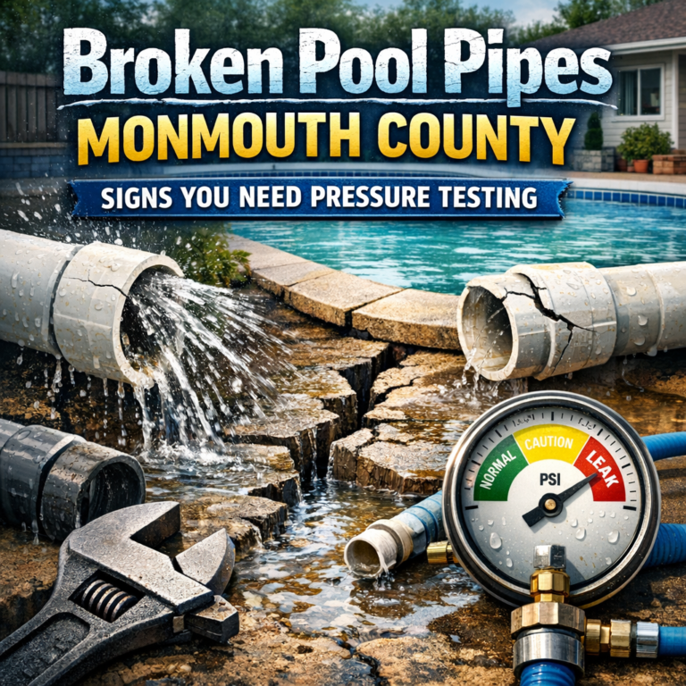 Pressure testing gauge and tools beside broken pool pipes detecting leaks in Monmouth County.