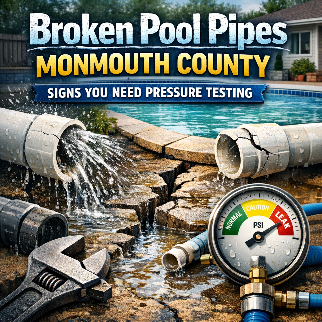 Pressure testing gauge and tools beside broken pool pipes detecting leaks in Monmouth County.
