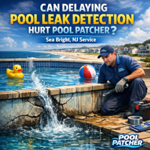 A pool technician uses specialized equipment to detect a leak in a residential swimming pool.
