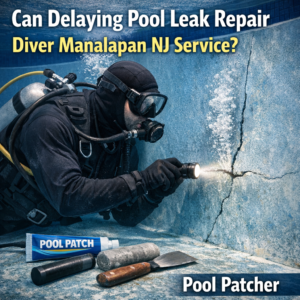 Diver in wetsuit repairing a pool leak underwater in Manalapan, NJ pool service.