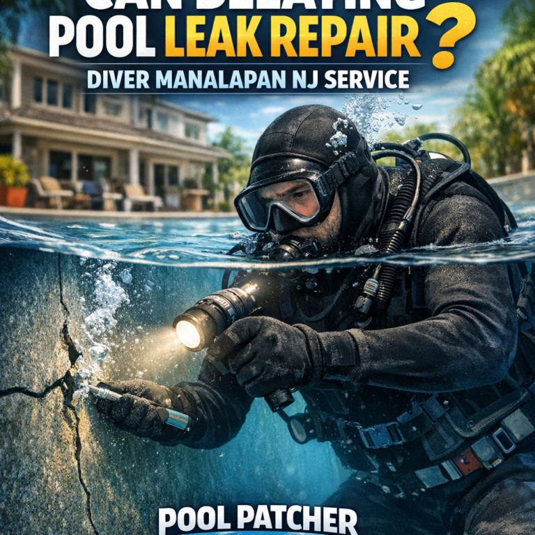 Diver inspecting and repairing a pool leak in a residential backyard pool in Manalapan, NJ.