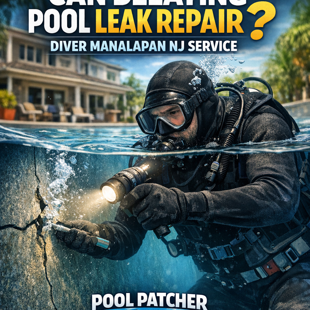 Diver inspecting and repairing a pool leak in a residential backyard pool in Manalapan, NJ.