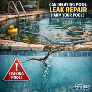 Close-up of cracked pool wall with water leaking, illustrating the dangers of delaying pool leak repair.