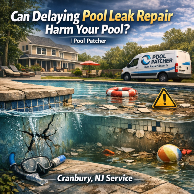 Cracked pool leaking water, highlighting the need for timely pool leak repair in Cranbury, NJ.