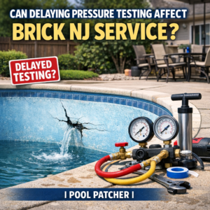 Pressure testing equipment beside a cracked pool wall showing risks of delaying brick NJ service repairs.