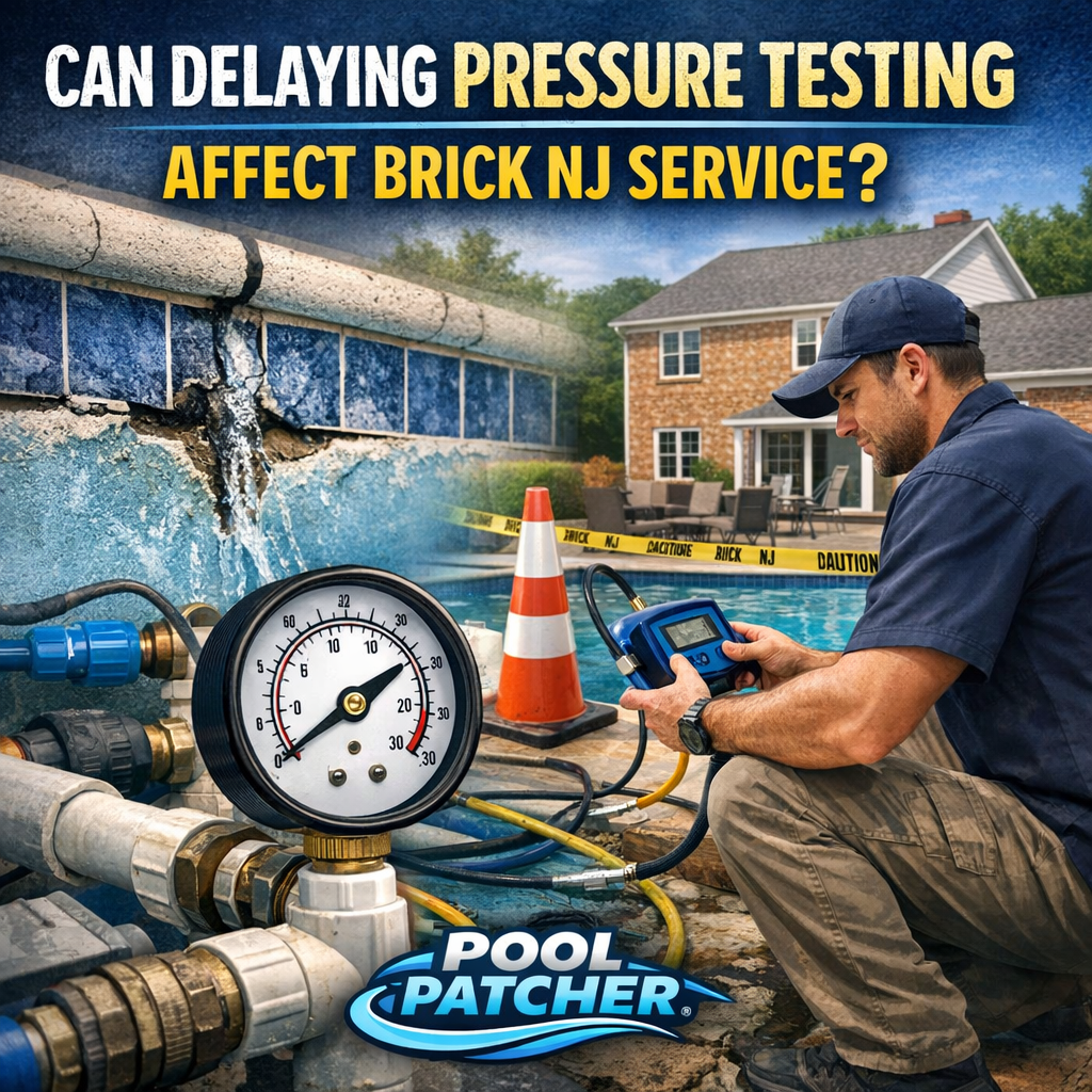 Technician conducting pressure testing on pool pipes to ensure safety and prevent damage in Brick, NJ.