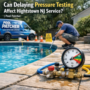 Pool technician conducts pressure testing near backyard pool with Pool Patcher service van in Hightstown, NJ.