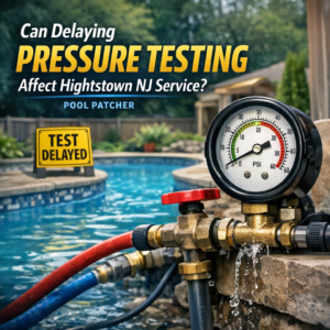 Pressure testing equipment set up by a pool with a sign about delays affecting Hightstown NJ service.