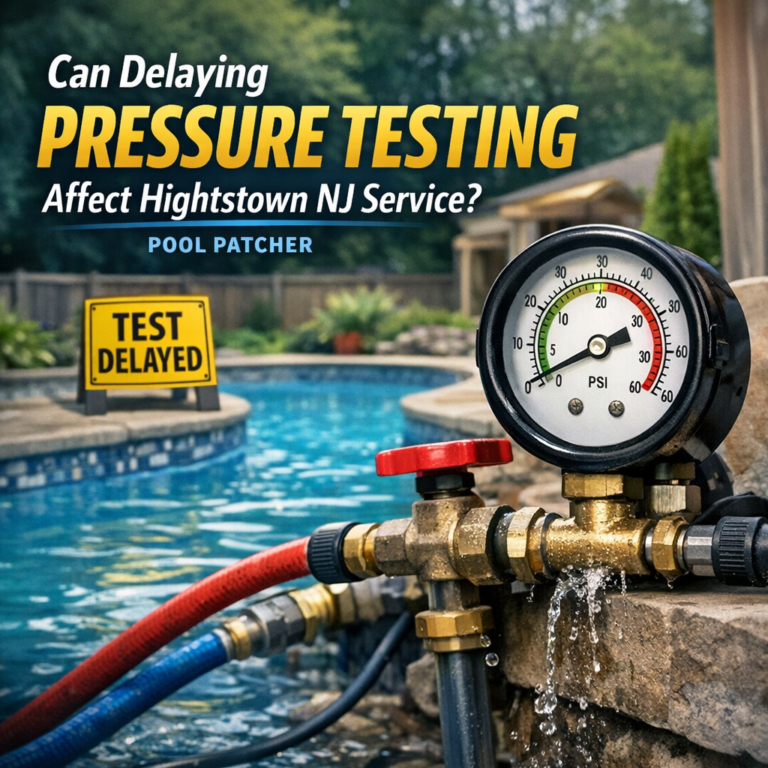 Pressure testing equipment set up by a pool with a sign about delays affecting Hightstown NJ service.