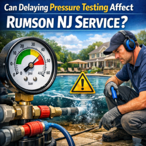 Technician performing pressure testing on a residential water system in Rumson, NJ service pool.