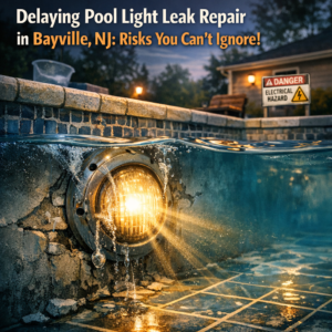 Underwater pool light glowing with a warning sign, illustrating risks of delaying pool light leak repair in Bayville, NJ.