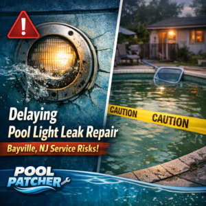 Warning sign and caution tape around a pool warning about the risks of delaying pool light leak repair in Bayville, NJ.