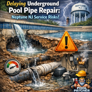 Close-up of underground pool pipe leaking water, illustrating repair risks in Neptune, NJ.