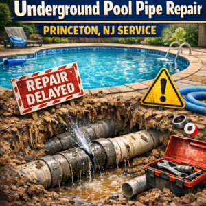 Warning sign indicating delayed underground pool pipe repair service in Princeton, NJ.