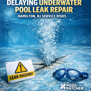 Underwater pool leak repair warning sign and diving mask near a crack in a concrete pool.