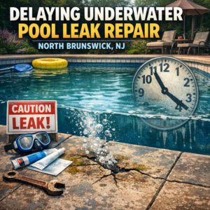 Technician performing underwater pool leak repair in North Brunswick, NJ to prevent water damage.