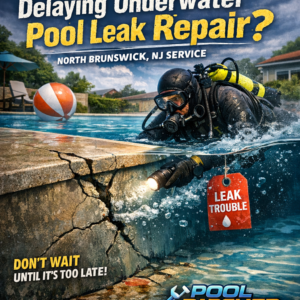 Professional diver inspecting and repairing an underwater pool leak in North Brunswick, NJ.