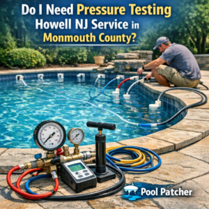 Technician performing pressure testing on a pool pipe system in Howell, NJ by Pool Patcher.