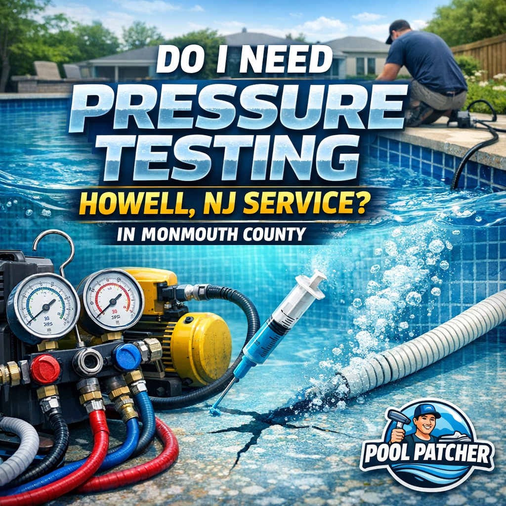 Technician performing pressure testing on a pool pipe in Howell, NJ, by Pool Patcher in Monmouth County.
