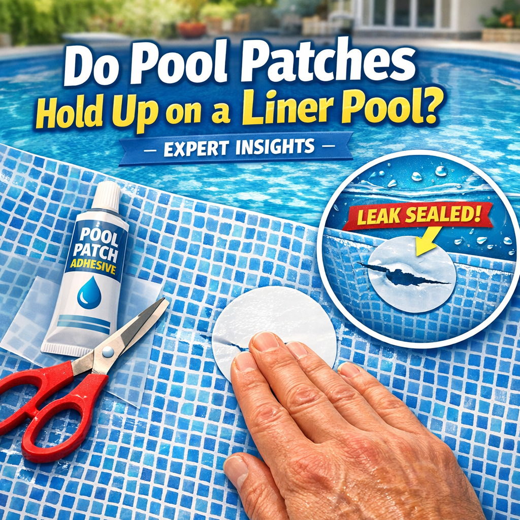 Hand applying a patch to a liner pool to seal a leak, with adhesive and scissors nearby.