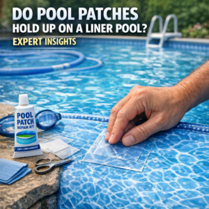 Person applying a patch to a liner pool surface with expert insights text overlay.