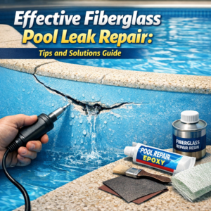 Close-up of hands applying epoxy to a fiberglass pool leak with repair tools nearby.