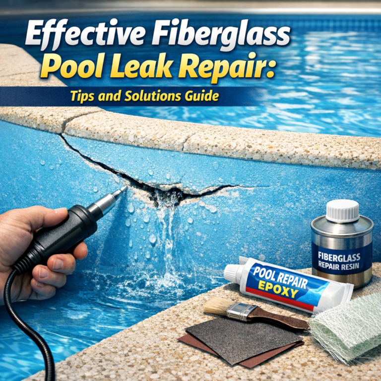 Close-up of hands applying epoxy to a fiberglass pool leak with repair tools nearby.