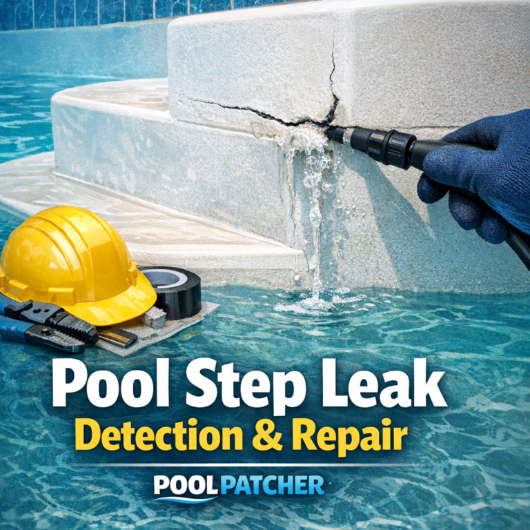 Close-up of a cracked pool step being inspected for leak detection and repair in a swimming pool.