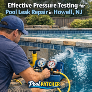 Technician using pressure testing equipment to detect pool leaks during repair in Howell, NJ.