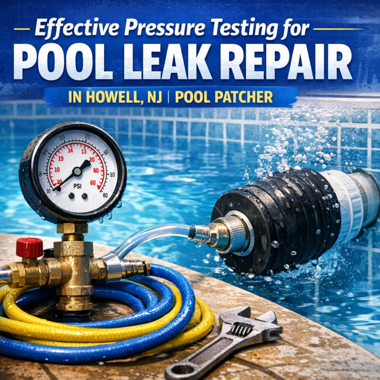 Pressure testing equipment set up beside a pool for leak repair services in Howell, NJ.