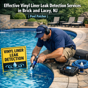 Technician uses specialized equipment to detect leaks in a residential vinyl liner pool in Brick and Lacey, NJ.