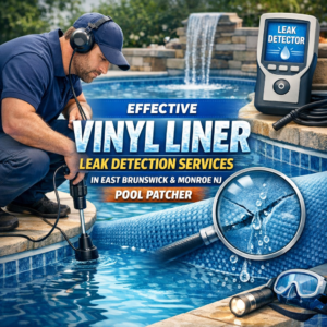 Technician inspecting a vinyl pool liner for leaks using specialized detection equipment.