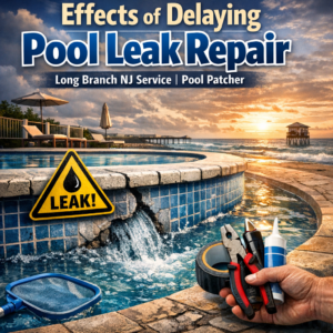 Diagram showing increased water loss and damage over time when delaying pool leak repairs in Long Branch NJ.