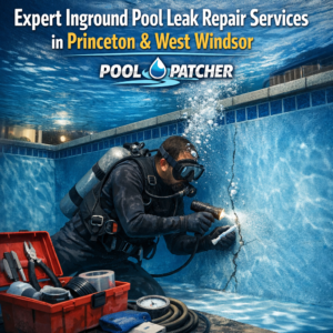 Technician repairing an inground pool leak with specialized equipment near a residential backyard pool.