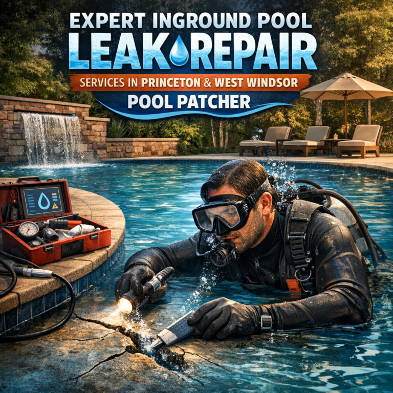 Technician repairing an inground pool leak using specialized patching tools near the water in Princeton.