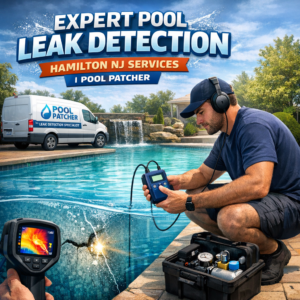 Technician using advanced equipment to detect pool leaks in a residential backyard in Hamilton, NJ.