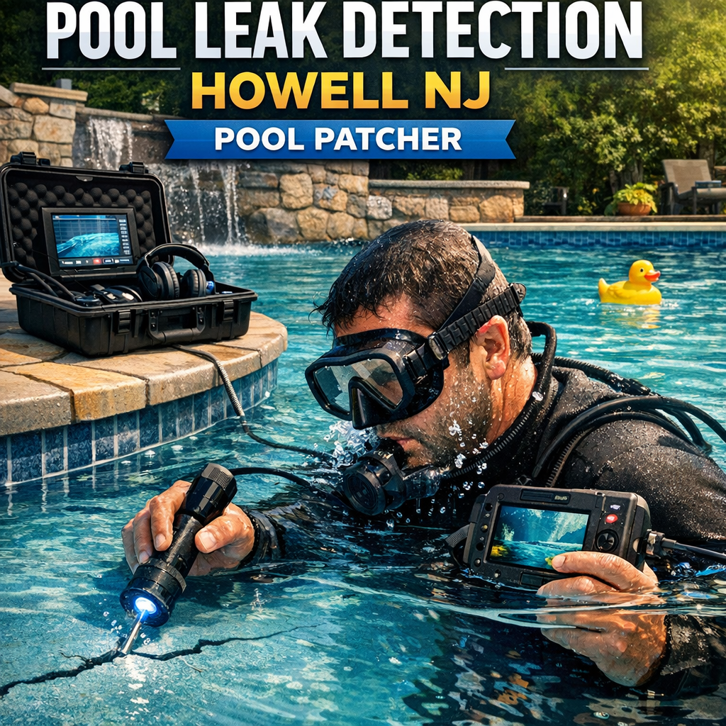 Technician using equipment to detect and patch a pool leak in Howell, NJ.