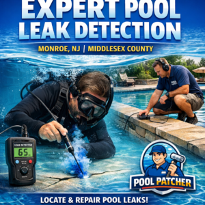 Technician using equipment to detect a pool leak in Monroe, NJ, in a backyard with clear blue water.