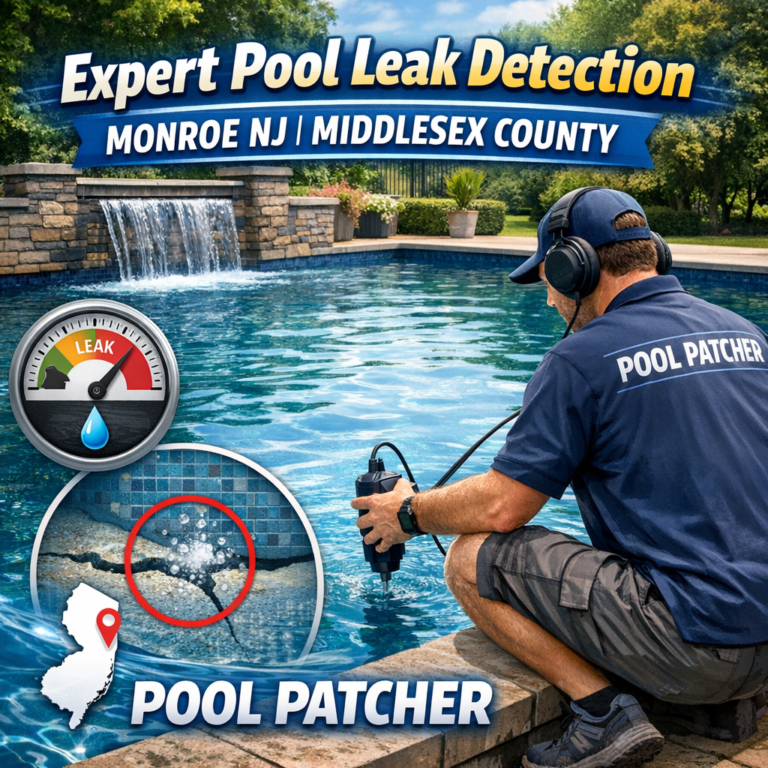 Technician performing pool leak detection using specialized equipment at a residential pool in Monroe, NJ.