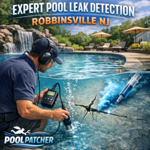 Technician using electronic equipment to detect a pool leak in a residential Robbinsville, NJ pool.