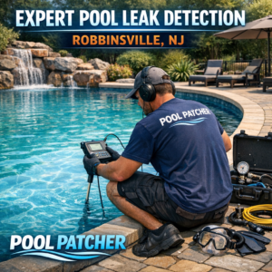 Technician using specialized equipment to detect a pool leak in Robbinsville, NJ.