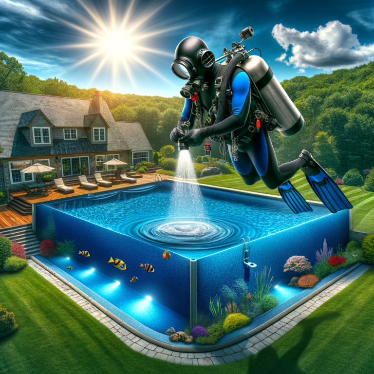 Diver in scuba gear inspecting a clear backyard swimming pool for expert pool leak detection in Howell, NJ.