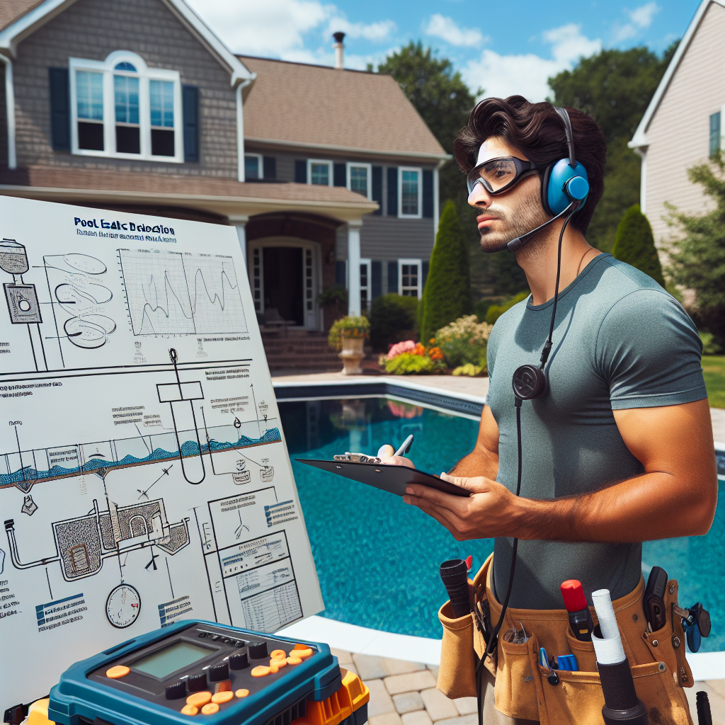 Technician using specialized equipment to perform pool leak detection in a residential backyard in Howell, NJ.