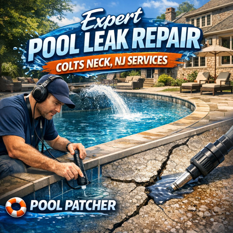 Technician applying pool patch to repair a leak in an outdoor swimming pool in Colts Neck, NJ.