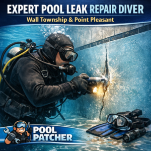 Underwater diver expertly repairing a cracked pool wall during a pool leak repair in Wall Township and Point Pleasant.