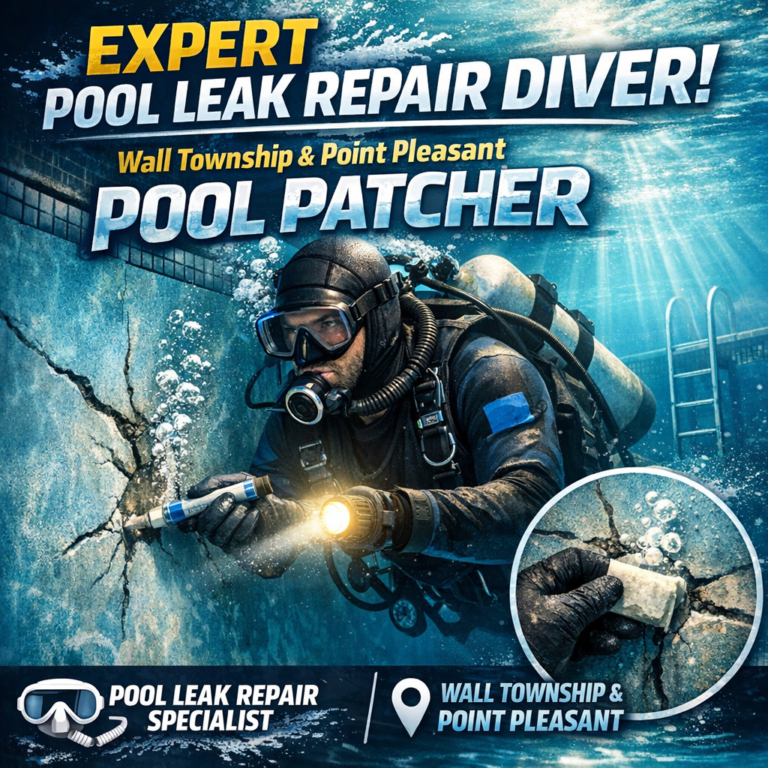 Diver repairing underwater cracks in a pool using specialized leak repair equipment.
