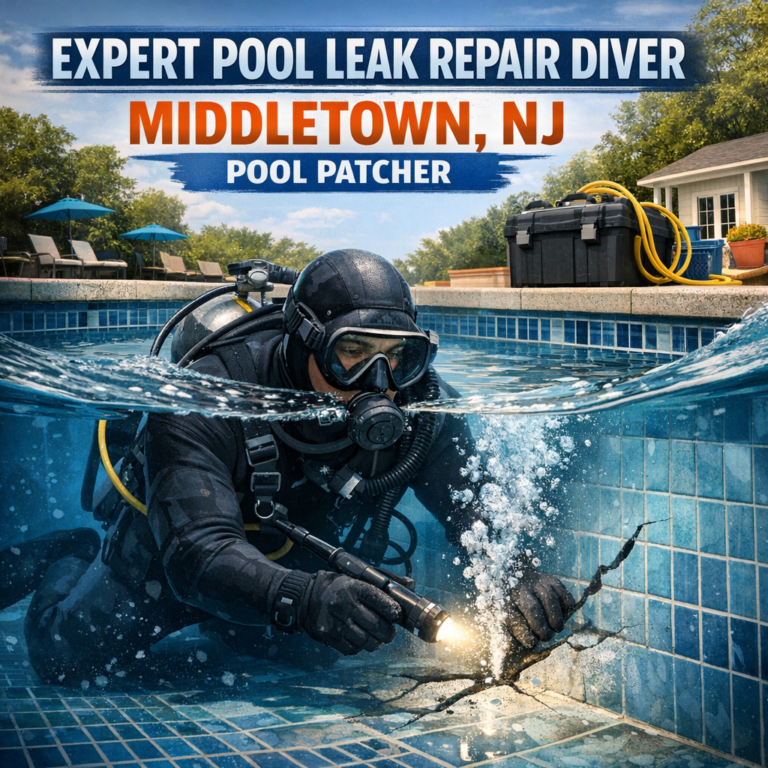 Diver in wetsuit repairing an underwater pool leak with tools, ensuring expert pool maintenance in Middletown, NJ.