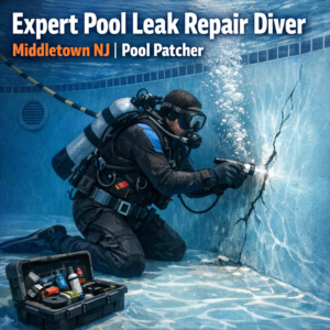Underwater diver repairing pool cracks to fix leaks in a Middletown NJ swimming pool.